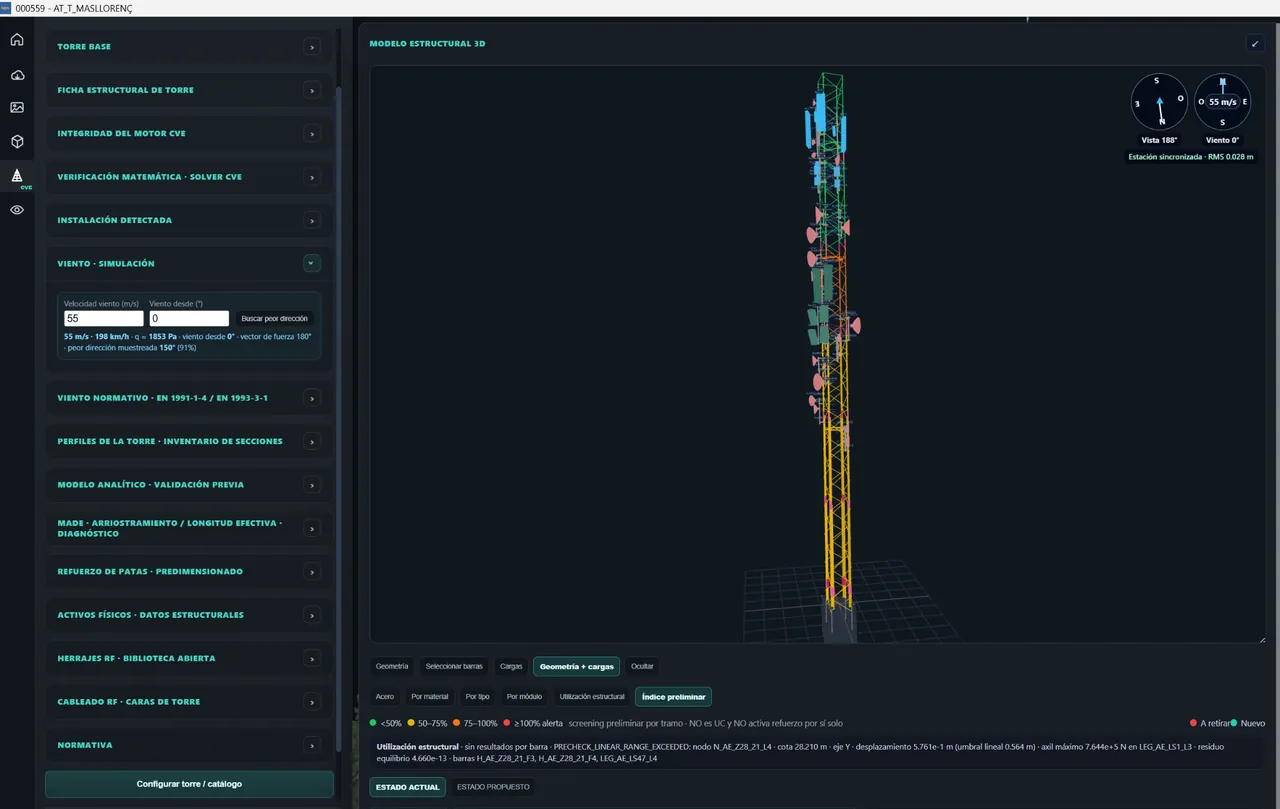 Entorno CVE de TAMS con modelo estructural 3D, instalación y simulación de viento